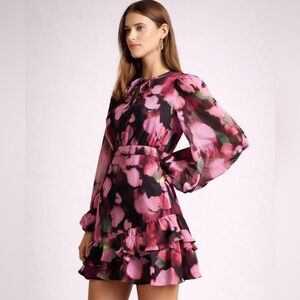 Ted Baker Pink Floral Ruffle Long Sleeve Mini Dress (US 2–4) NWT